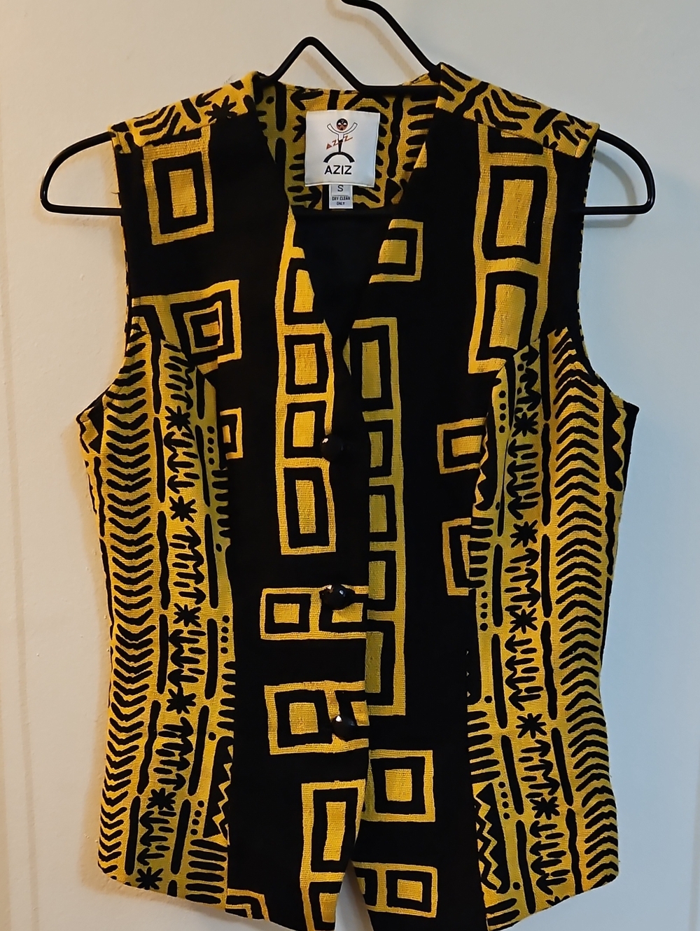 AZIZ Black & Mustard Geometric Sleeveless Tunic Vest w/ Tribal Print, Size Small